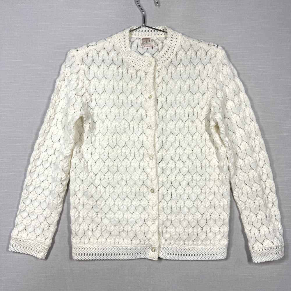 Vintage Montgomery Ward Lace Knit Cardigan Women Medium 40 Ivory Cottagecore